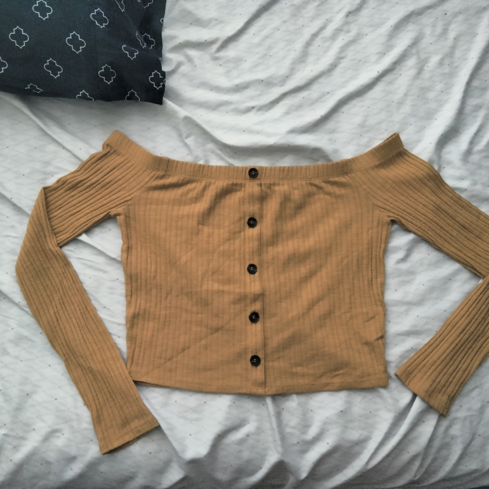 Forever 21 Tan Off-Shoulder Buttoned Blouse